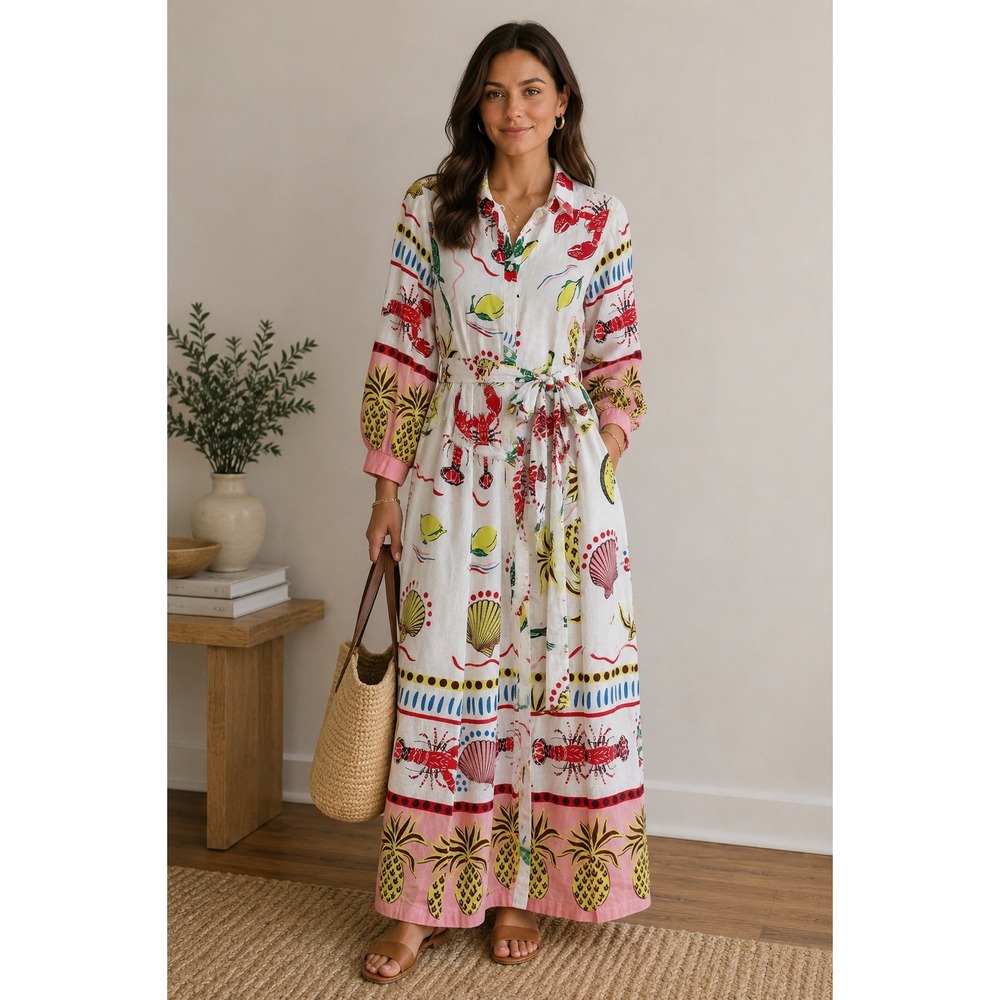 Boden Clara Linen Maxi Shirt Dress Womens 12 White Lobster Pineapple Belted